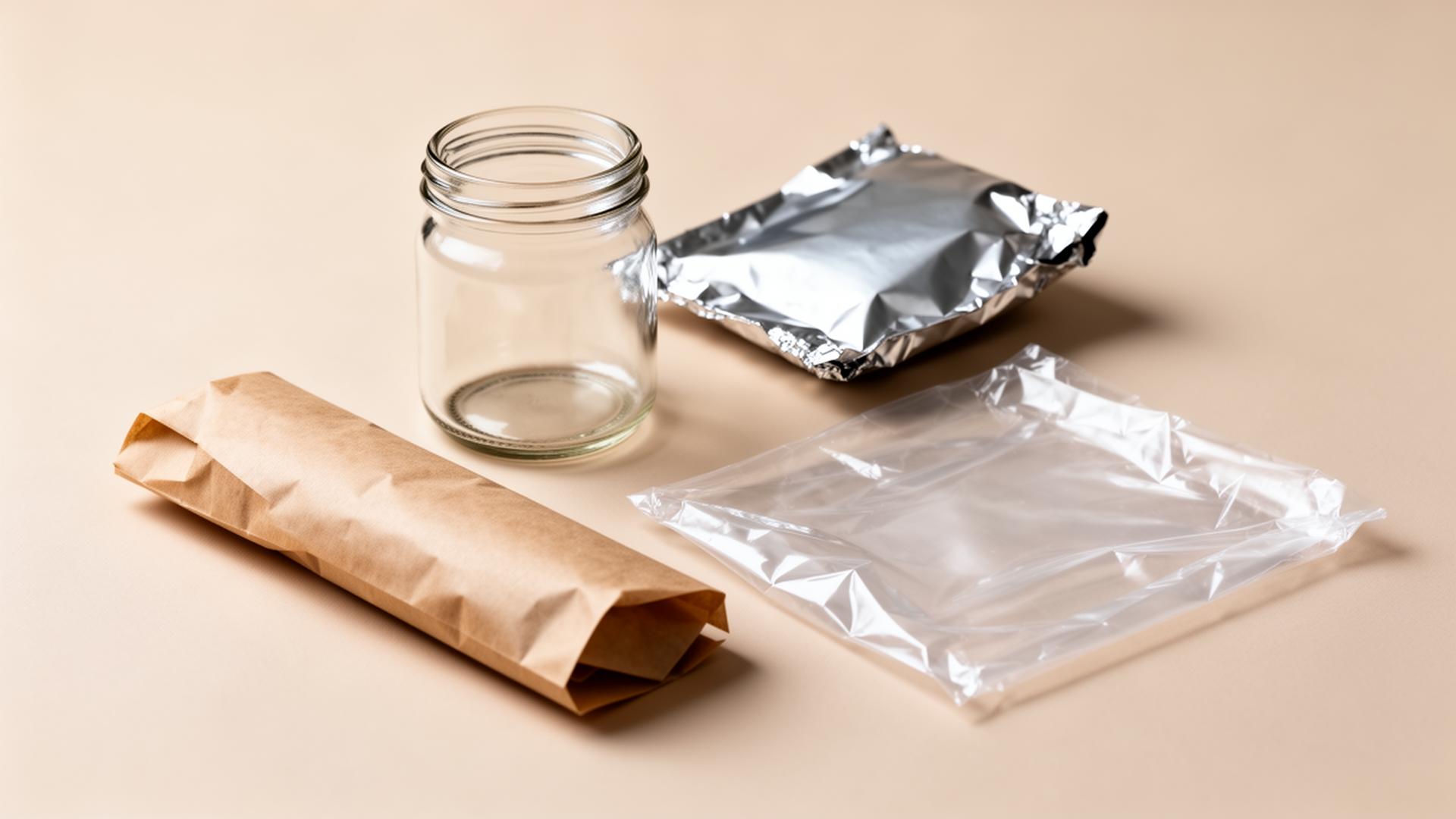 Food contact packaging materials: glass jar, paper wrap, aluminum foil and plastic film
